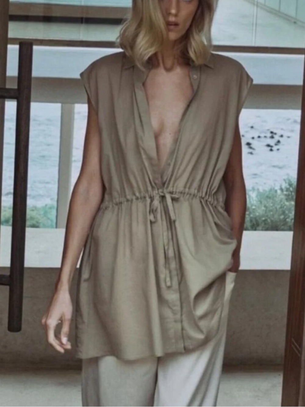 ZARA 100% COTTON SLEEVELESS TUNIC SHIRT TOP Safari Khaki Green